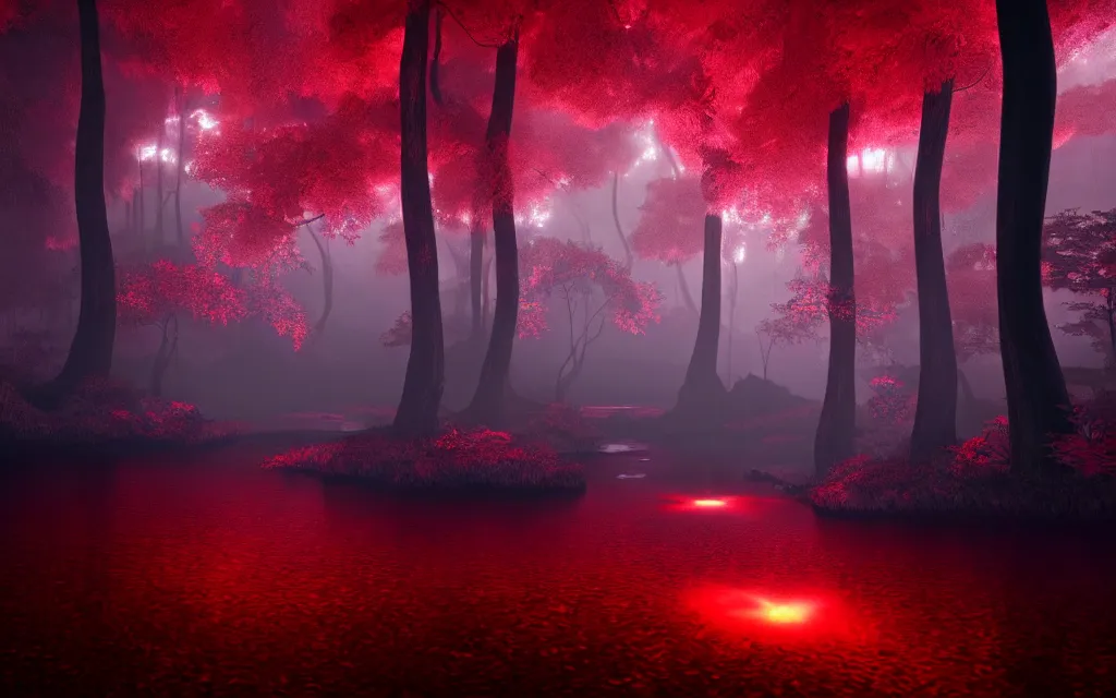 Prompt: gloomy sparse fairytale forest with a beautiful sparkling stream of glowing red water flowing through, visual novel key visual, award - winning digital art on pixiv, trending on artstation - cinematic lighting, dramatic lighting, stunning and beautiful scenery - highly detailed, hyperrealistic, unreal engine 5, in the style of kingdom hearts