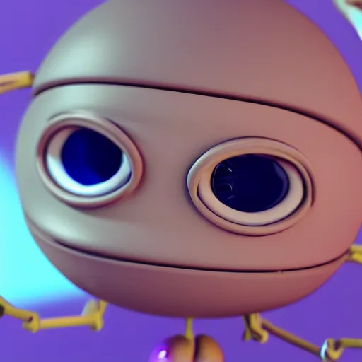 Image similar to photo of a comically tiny clay model of character with large spherical purple head and large childlike eyes with comically tiny body and spindly limbs leans close to the camera, fish eye lens, 4 k, hyper realistic, hyper detailed face, octane render, comedic, cute