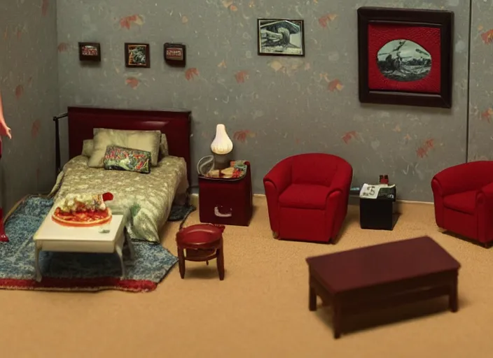 Image similar to Still frame the retro Twin Peaks, depicting the red room scene from Twin Peaks, made by doll miniatures diorama, directed by Nobuhiko Obayashi