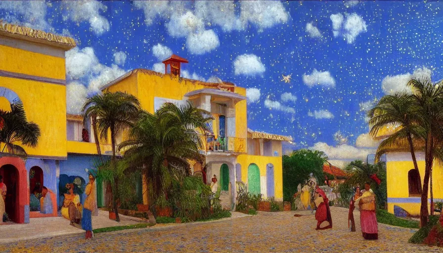 Prompt: a 1 9 9 8 brazilian nordeste mansion town designed by jules bastien - lepage, tarsila do amaral, frank weston and gustave baumann, trending on artstation, mediterranean, star sparkle, sharp focus, colorful refracted sparkles and lines, soft light, 8 k 4 k