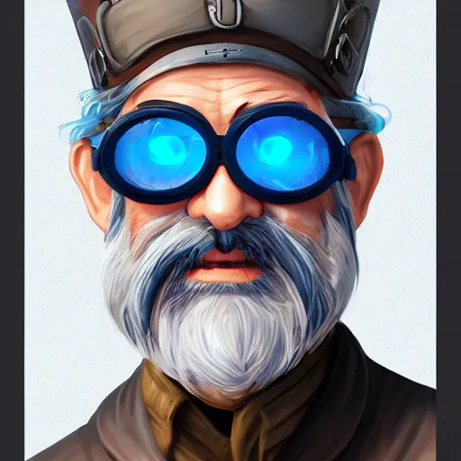 Prompt: a front-facing portrait of an old man with a grey beard and blue hair wearing steampunk goggles, dungeons and dragons character art, highly-detailed illustration, Artstation