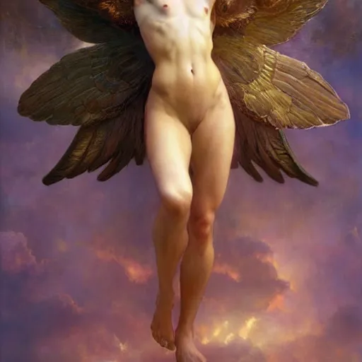 Image similar to epic masterpiece full body portrait a beautiful female angel, flawless skin, perfect body, perfectly formed translucent wings, golden light rays, by Edgar Maxence and Ross Tran and Michael Whelan