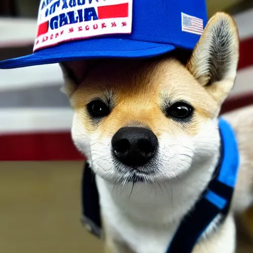 Image similar to doge wearing a make america great again cap, realistic,