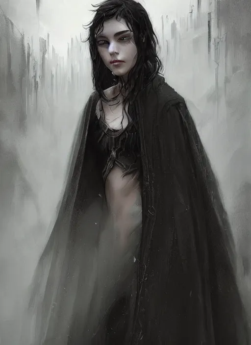 Image similar to a teenage girl with very short black hair and a huge cloak made of grey and black strips. mist swirls around her. beautiful highly detailed face. beautiful painting by artgerm and greg rutkowski and raymond swanland