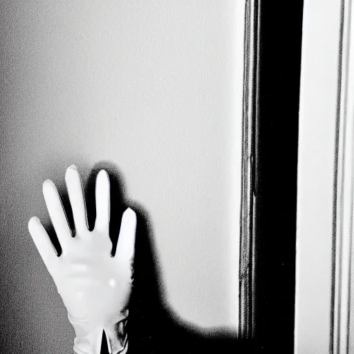 Image similar to a disembodied white gloved hand sticking out from behind a dark doorway, waving at a terrified boy watching tv in a living room, haunted, scary