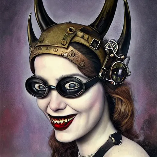 Image similar to a hyperrealistic portrait painting of a beautiful woman with demonic horns wearing steampunk goggles, black lipstick, evil smile, by santiago caruso, highly detailed,