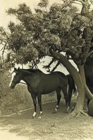 Image similar to a photo from the 1800s of 2 horses inside a tree