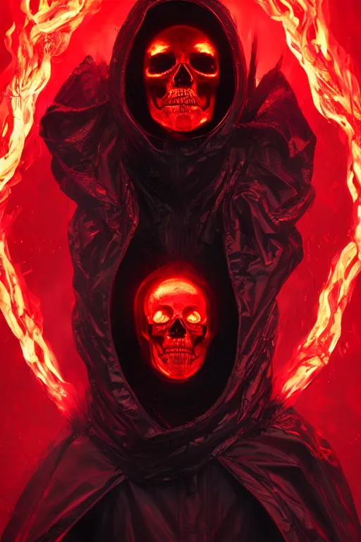 Image similar to A full body portrait of a mysterious character with a flaming skull with a very long hooded blood red and black cloak, tentacles coming out the ground art by Maciej Kuciara, and Cedric Peyravernay, ominous, cosmic horror, trending on artstation, Ultra detailed, hyper realistic 4k