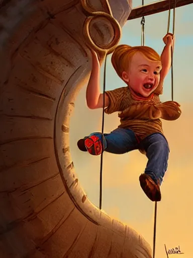 Prompt: a kid having fun on a tire swing. intricate, elegant, highly detailed, digital painting, artstation, concept art, sharp focus, illustration, by justin gerard and artgerm, 8 k