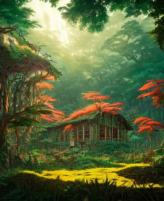 Image similar to an enormous schoolhouse made from exotic fungus, overgrown with weird huge colorful ferns, deep in the woods, noon, sun drenched, partly cloudy, by dan mumford, yusuke murata, makoto shinkai, ross tran, cinematic, unreal engine, cel shaded, featured on artstation, pixiv