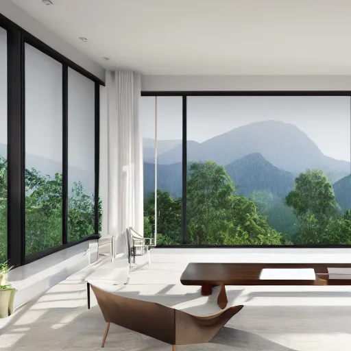 Image similar to modern open living room with big windows showing an amazing landscape on the background, organic architecture, interior design, minimalist furniture, octane render, high detail, 8 k, post production