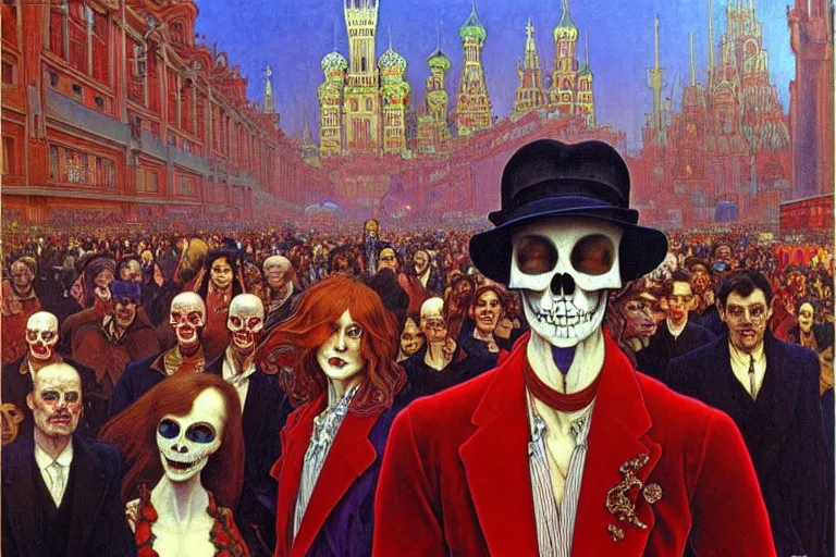 Image similar to realistic detailed portrait painting of a single skeleton wearing red velvet blazer in a crowded futuristic moscow street by Jean Delville, Amano, Yves Tanguy, Alphonse Mucha, Ernst Haeckel, Edward Robert Hughes, Roger Dean, rich moody colours, blue eyes