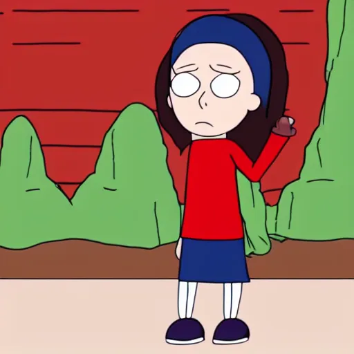 Prompt: of girl wearing red sweater with short black skirt and high heal shoes in the rick and morty style