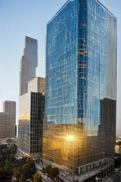 Image similar to a beautiful newly constructed office building in downtown los angeles, golden hour, photo by Annie Leibovitz