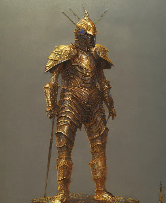 Image similar to royal knight in golden sun ornament armor, dismounted, beksinski, trending on artstation