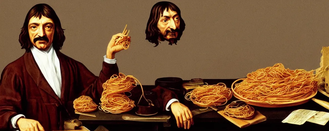 Image similar to rene descartes discussing spaghetti philosophy, 1 5 0 0 s, kodachrome, in the style of wes anderson, retro