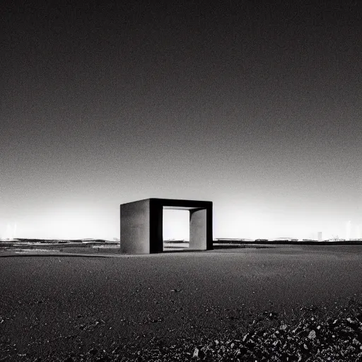 Image similar to concrete structure in the desert at night, neon lights, minimalist architecture, james turrel,