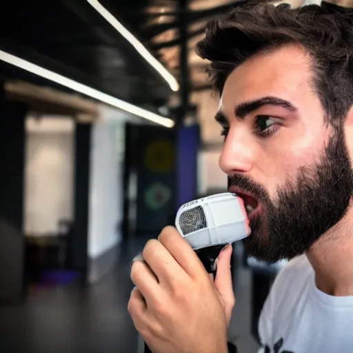 Prompt: handsome Portuguese-British male twitch streamer looking angrily at his expensive microphone which isn't working, high quality photo, 4k