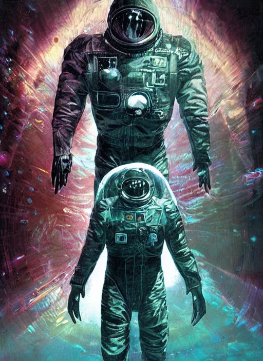 Image similar to astronauts in dark void underwater - complex and hyperdetailed technical suit. reflection and dispersion materials. rays and dispersion of light. volumetric light. f / 3 2. noise film photo. flash photography. ultra realistic, wide angle. poster by wayne barlowe, hajime sorayama aaron horkey, craig mullins