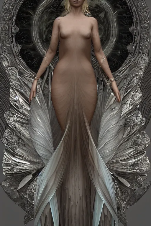 Image similar to a realistic moody photo of a beautiful ancient alien woman goddess kate moss nymph angel standing in iris van herpen dress jewelery and fractals in style of alphonse mucha art nuvo dmt trending on artstation made in unreal engine 4