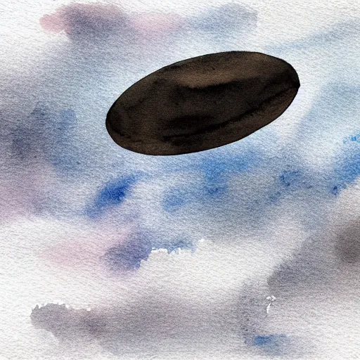 Image similar to high - angle view, from 1 0 0 0 feet in distance, vague uap interstellar vehicle on top of dramatic moody clouds in the sky, muted ink and pearlescent paint. watercolor. minimalist, detailed, muted colors. ue 5