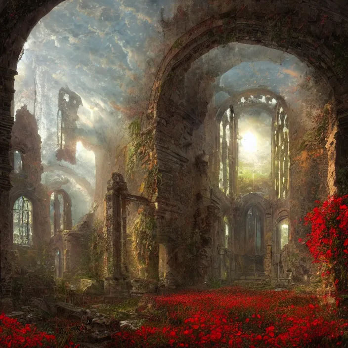 Image similar to a interior photo of a ruined church with a lot of red flowers growing inside at sunset, godrays, complementary colors, concept art, DeviantArt, Ferdinand Knab, beautiful, 8K,highly detailed, high quality