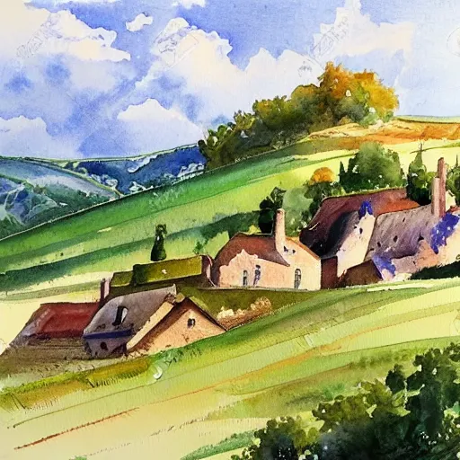 Prompt: warm and beautiful watercolor painting of detailed countryside france normandy, artstation masterpiece