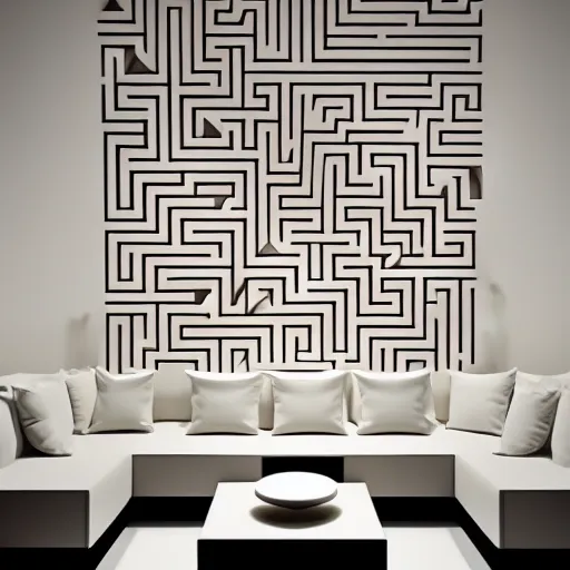 Image similar to : goes maze pattern sculpture art on the wall in modern architecture studio high luxury, cinematic lighting, hyper - realistic, detailed, render by c 4 d octane, unreal engine, 8 k 3 d render