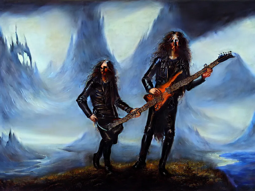 Image similar to long - haired man in leather jacket playing the most amazing electric guitar, epic landscape, fantasy concept art, john howe, 4 k