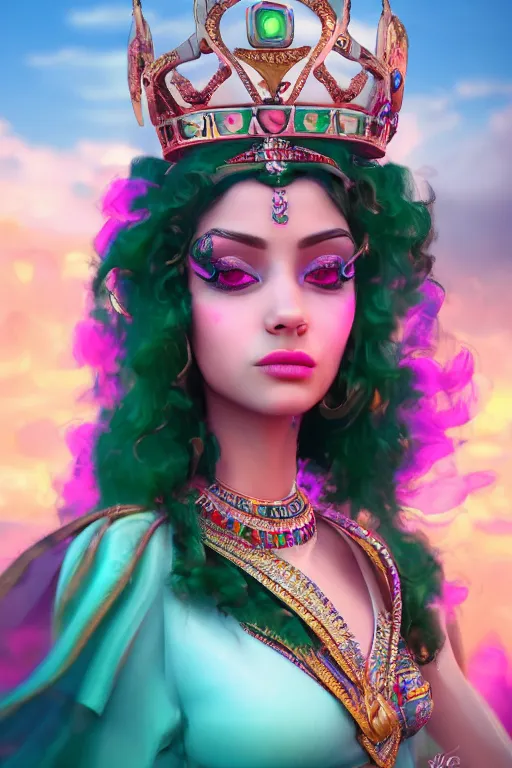 Prompt: dreamy beautiful persian egyptian princess in colorful clouds and smoke, green eyes, red dress, long black curly hair, smiling in awe wearing a diamond tiara, face, highly detailed, artstation, concept art, sharp focus, hyper realistic, octane render, unreal engine, 8 k