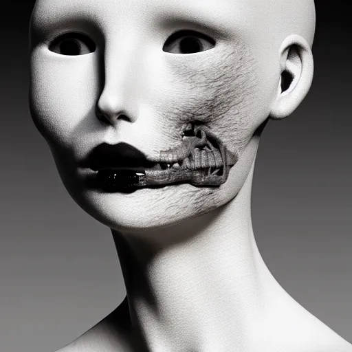 Image similar to black and white dreamy foggy smoky profile face portrait, single skeletal biomechanical beautiful young female cyclops - cyborg - robot bust, body ribs meshes,, volumetric light, rim light, by dora maar and cecile beaton, big gothic fashion pearl embroidered collar, 8 k