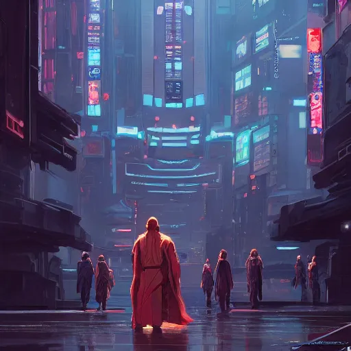 Prompt: Jedi in future japan at night, concept art, fine details, studio ghibli, cinematic lighting, ghost-in-the-shell, cyberpunk,sci-fi, fantasy, intricate, elegant, highly detailed, digital painting, trending on artstation, concept art, smooth, sharp focus, illustration, by james gurney and greg rutkowski