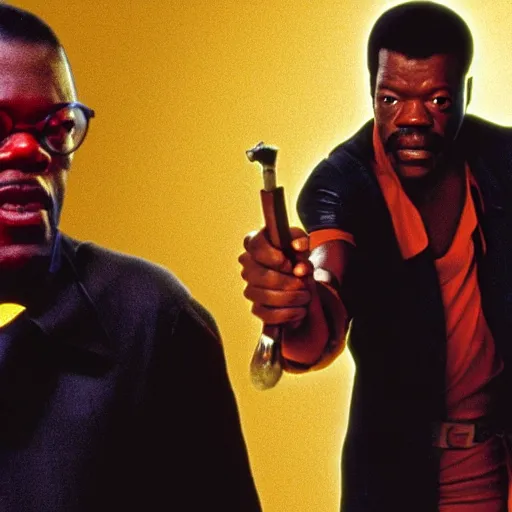 Prompt: samuel lee jackson as jules winnfield pointing a banana as a weapon, pulp fiction, 8 k