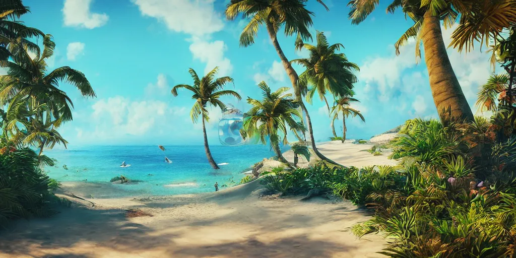 Image similar to the most beautiful tropical island, seashore, flowers, palmtrees, animals, bokeh, godrays, highly detailed, lowbrow, cinematic, artstation