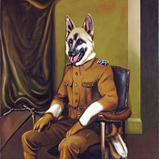 Image similar to a oil painting of a anthropomorphic german shepherd beast - man, wearing military outfit, sitting on an armchair