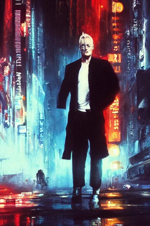 Prompt: a painting of the replicant roy batty accepting the very absurdity of life, all memories will be lost in time like tears in the rain, in the style of blade runner, ridley scott, epic composition, dramatic lighting, octane render