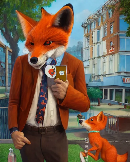 Image similar to a cute male anthropomorphic vulpes vulpes fulva wearing suit watching school playground, pixar style, by tristan eaton stanley artgerm and tom bagshaw