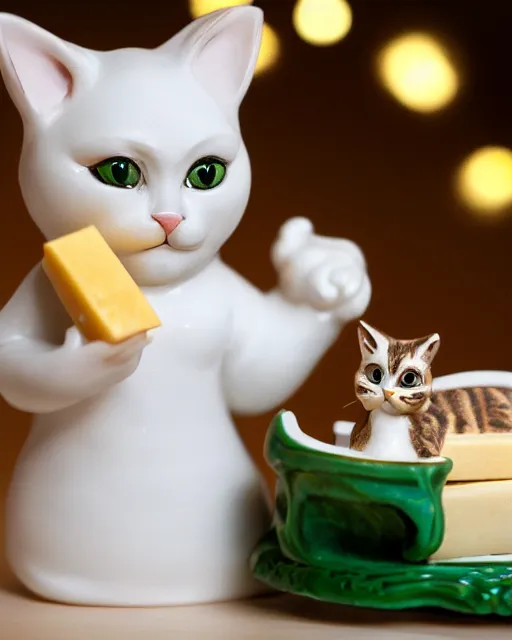 Image similar to high quality presentation photo of a detailed porcelain figurine of a cute cat dressed as Napoleon holding a piece of cheese, photography 4k, f1.8 anamorphic, bokeh, 4k, Canon, Nikon