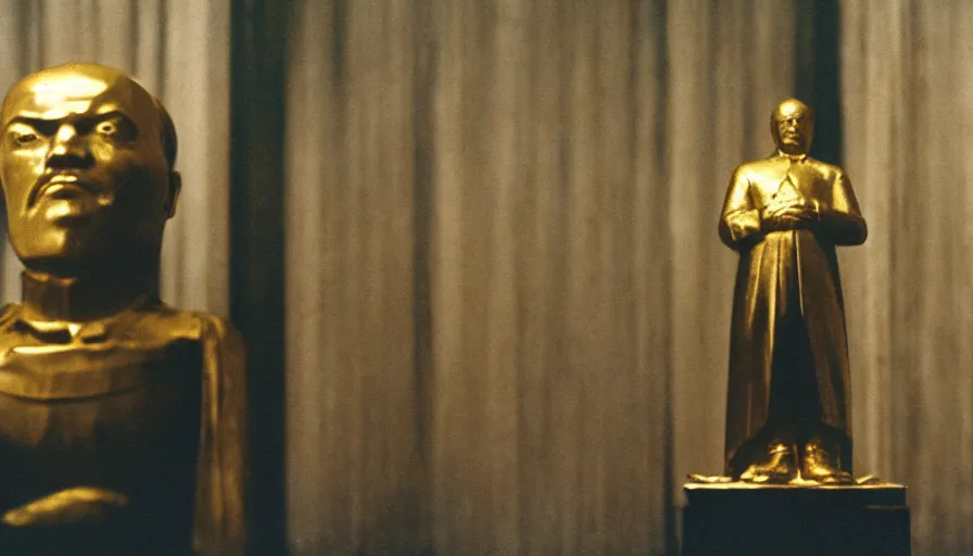 Prompt: movie still by tarkovsky portrait of a gold statue of lenin in an empty ballroom, cinestill 8 0 0 t 3 5 mm, heavy grain, high quality, high detail