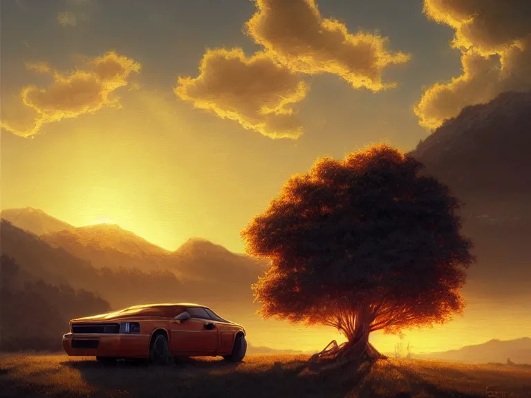 Image similar to a tree growing on a scrap car, soft golden sunset, clouds, mountains in the background, hyperrealistic, highly detailed, cinematic, ray of golden sunlight, beautiful, cgsociety, artstation, 8 k, oil painting by greg rutkowski, by artgerm, by wlop