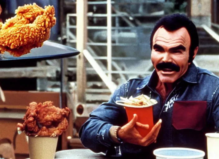 Image similar to film still of burt reynolds holding a bucket of fried chicken in cannonball run 1 9 8 2