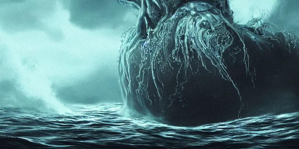 Prompt: A dark and stormy ocean with a large strange water creature with big eyes!!! mouth and sharp teeth appearing from the water, in the style of Giger, macro lens, shallow depth of field, highly detailed, digital painting, trending artstation, concept art, illustration, cinematic lighting, vibrant colors, photorealism, epic, octane render