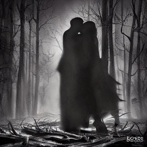 Prompt: two shadows are kissing in bloody hell with extreme passion, around them everything is burning to ashes, by bossmonsterbani dark dystopian art