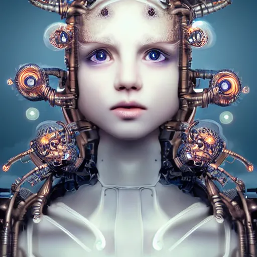 Prompt: stunning hyperdetailed upclose symmetrical portrait of 1 9 year old caucasian cyborg girl with translucent porcelain skin, lush thick hair, big electric eyes, ultra detailed ornate neon wire lacing, ultra detailed steampunk cyborg implants, complex white nano mechanical flowers, micro detail, by satoshi kon, sharp focus, trending on artstation hq, deviantart, pinterest, 8 k