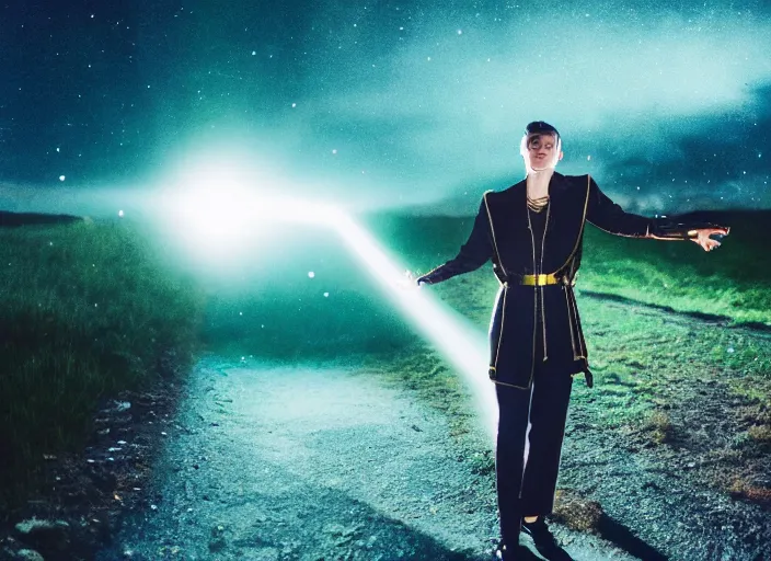 Image similar to a very very good looking detailed fantasy sorcerer wearing amazing clothes ejects a blast of magic energy from their hands!! dramatically on an empty moonlit hill, dramatic lighting, lens flare, 3 5 mm full frame professional photography, kodak ektar