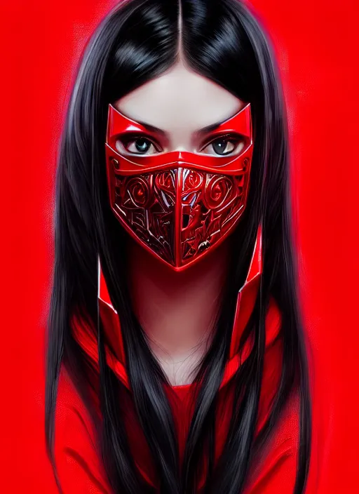 Image similar to portrait of long black hair girl within a red steel mask and streetwear. cynical face, concept art, cyberpunk illustration, intricate, highly detailed 8 k, smooth, matte, sharp focus, rim light, beautiful and aesthetic shape of face and body, artgerm, artstation, art by gharliera and rinotuna and junpei