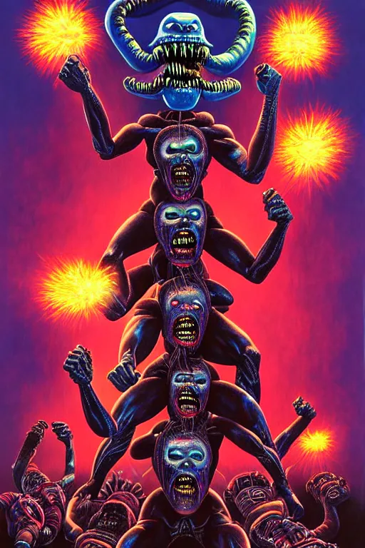 Prompt: a hyperrealistic painting of iron maidens eddie an epic boss fight against money devouring democratic politician demons, cinematic horror by chris cunningham, lisa frank, richard corben, highly detailed, vivid color,