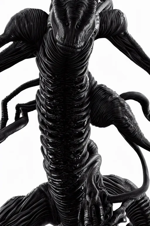 Image similar to neomorph xenomorph design in embrio pose, black, shiny body, hyperrealistic, cinematic lighting