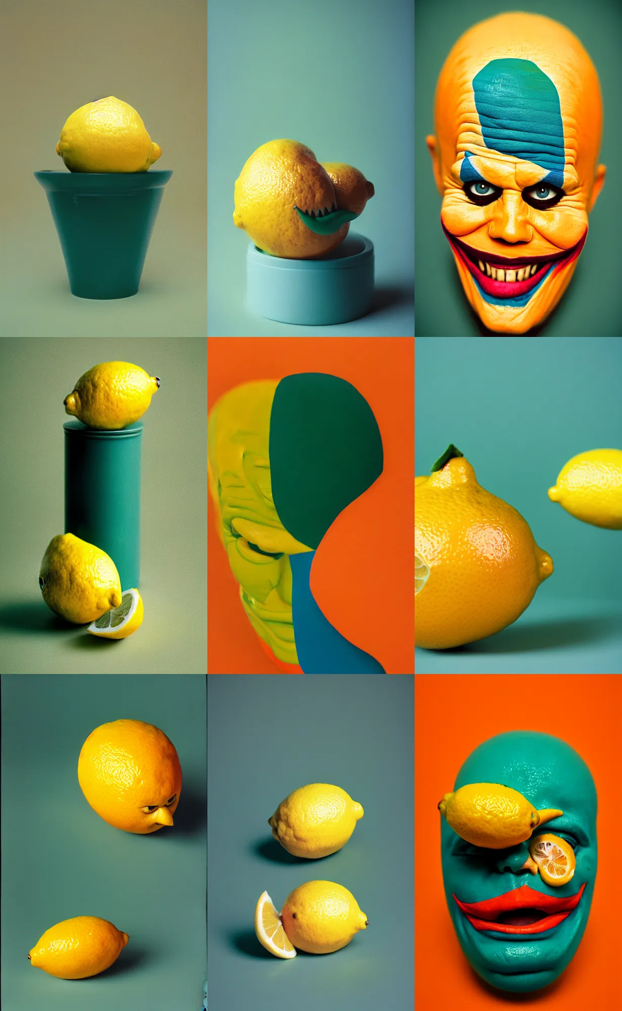 Prompt: kodak portra 4 0 0, 8 k, shot of a highly detailed, britt marling style, colour still - life portrait of a lemon looks like 1 9 9 9 joker, teal and orange, muted coloures