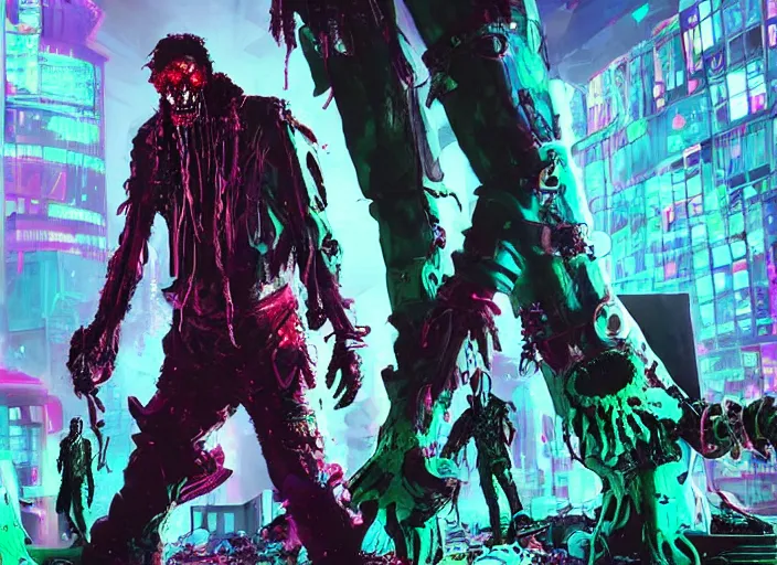 Prompt: neo-futuristic cyberpunk undead zombie men at a neon rave, by kelley jones, cyberhorror-punk, stunning, horror art, dark tones, #film, cgsociety, scary, creepy, wow, artstation, 8k, high gloss::Horror, ultra detailed, character art, concept art, DnD art, cinematic detailed, nightmare machine, godmachine, trending on artstation, unreal engine 5 rendering, cinematic, greig fraser cinematography, epic composition